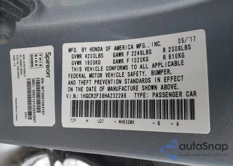 2017 Honda Accord Lx from USA, damaged, VIN 1HGCR2F38HA232286